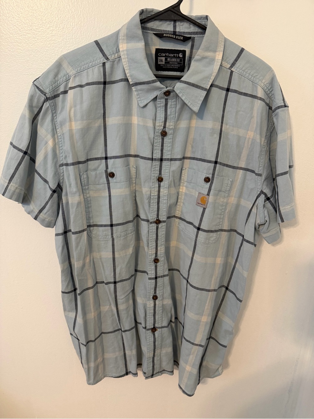 Carhartt Men’s Light Blue and White Plaid Short-Sleeve Button-Down Shirt